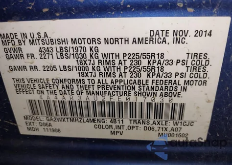2015 Mitsubishi Outlander Sport Es from USA, damaged, VIN 4A4AR3AU2FE017030